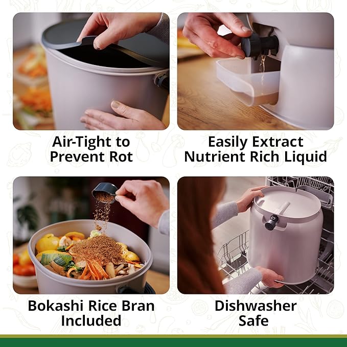 TeraGanix Bokashi Compost Starter Kit, Essential Set + Base, Indoor Composting, 2X 15.3L (4 gal) Bins, Collect & Ferment Waste, Airtight, No Pests or Odors, Bokashi Rice Bran Included, (Black)