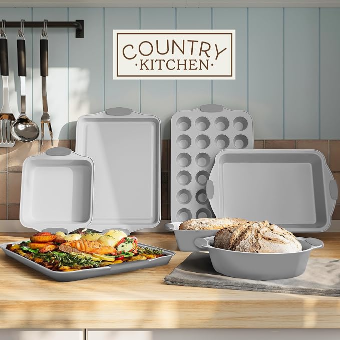Country Kitchen Nonstick Stackable Bakeware Set - Heavy Duty, Durable, Easy Release Baking Set, Silver, 10 Pcs