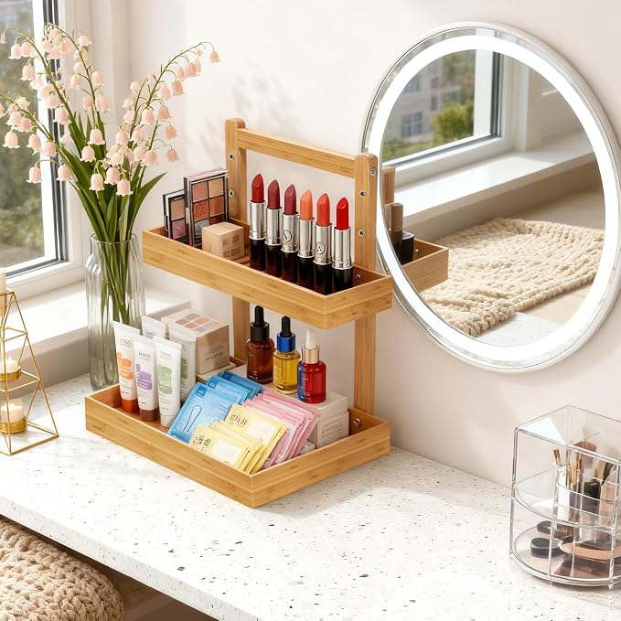 2-Tier Under Sink Pull Out Organizer, Bamboo Cabinet Storage Shelf with Adjustable Height, Slide Out for Kitchen Bathroom Pantry (Natural, 2 Packs)