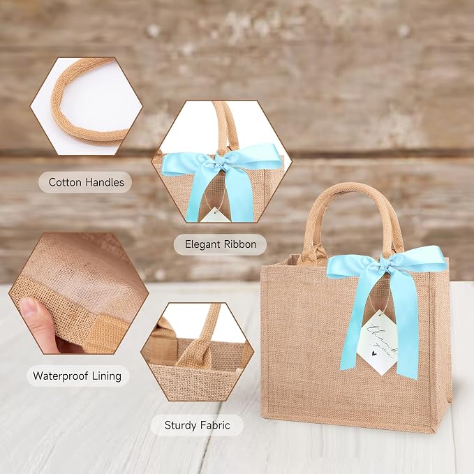 6 Pack Burlap Tote Bags with Handles Reusable Medium Jute Gift Bags with Blue Silk Ribbons Waterproof Lining for Wedding Bridesmaid Mother's Day Bachelorette Beach Party