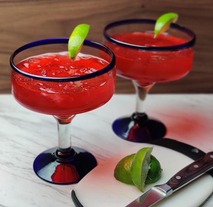 Dos Sueños Mexican Hand Blown Glass Drinkware Set - 4 Margarita Glasses (16oz) and Pitcher (84oz) – Cobalt Blue Rim