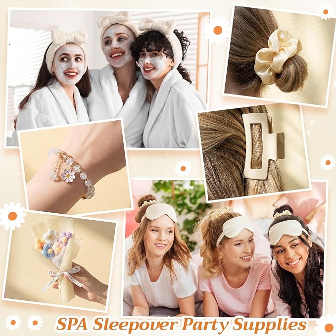 Vesici 73 Pcs Spa Sleepover Party Supplies Bulk Women 8 Sets Slumber Birthday Bridesmaid Gift Crochet Flower Glass Cup Eye Mask Hair Ties Gift Bag Bracelets Scrunchies Headband(Daisies,Beige)