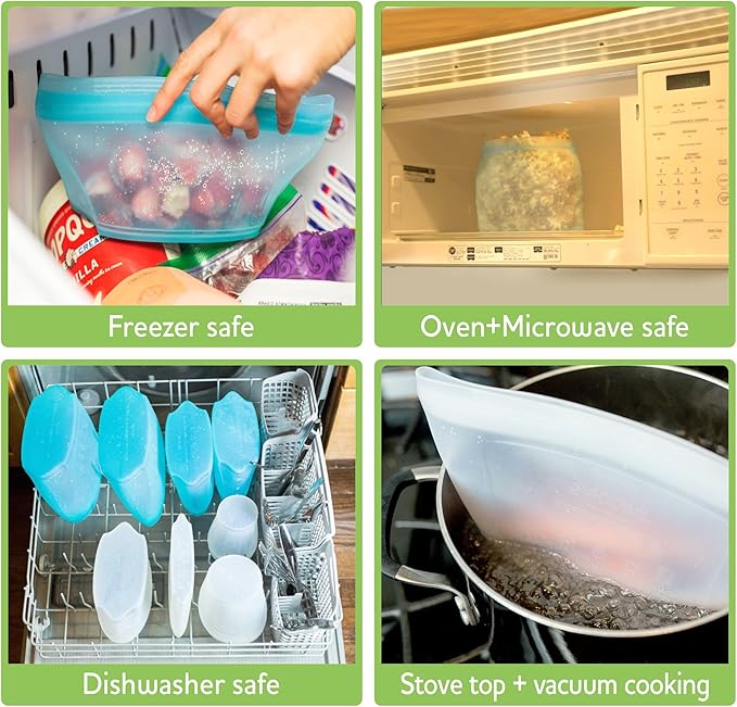 ZIP STANDING Silicone Food Storage Bag And 2 cup Silicone Freezer Trays With Lid, Soup Freezer Container,Large Ice Cube Molds With Reinforced Steel Ring Top Perfect for Freezing Soups, Lasagnas, Casse