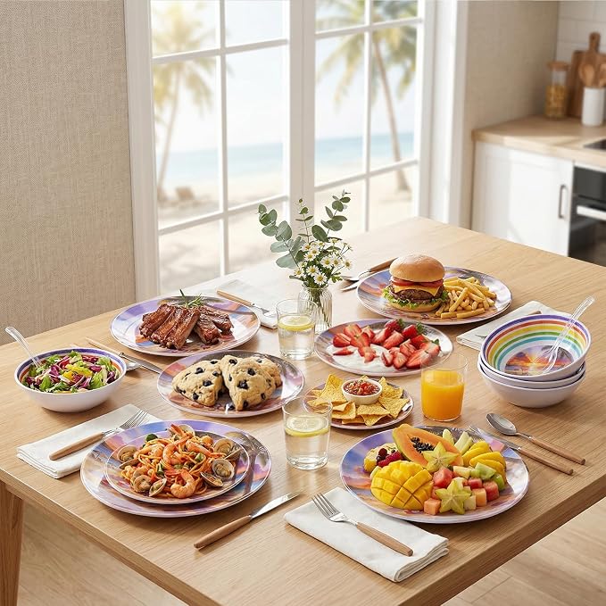 12 Piece Melamine Plates and Bowls Set, Beach Sunset | Melamine Dinnerware Set，Service for 4, Unbreakable, Stackable & Lightweight, Indoor & Outdoor Us