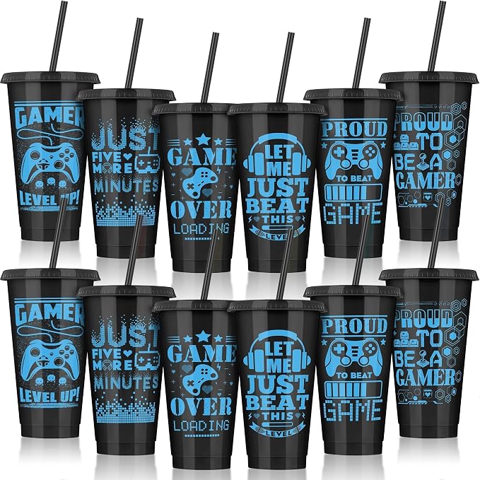 Kochorie 12 Pieces Video Game Plastic Cups 24 Ounces Gaming Party Cups with Lids and Straws Black Blue Video Game Tumbler Cups for Birthday Party Video Game Party Supplies Tableware