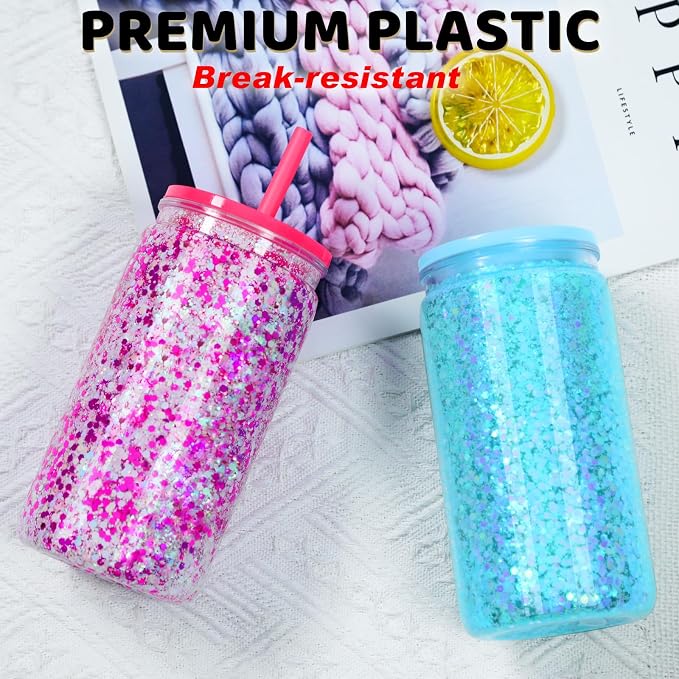 16 Oz Acrylic Snowglobe Tumbler, 25 Pack Pre-Drilled Double Wall Plastic Clear Cup for Glitter Snow Globe Diy, Double Wall Plastic Snowglobe Cup with Colorful Lid