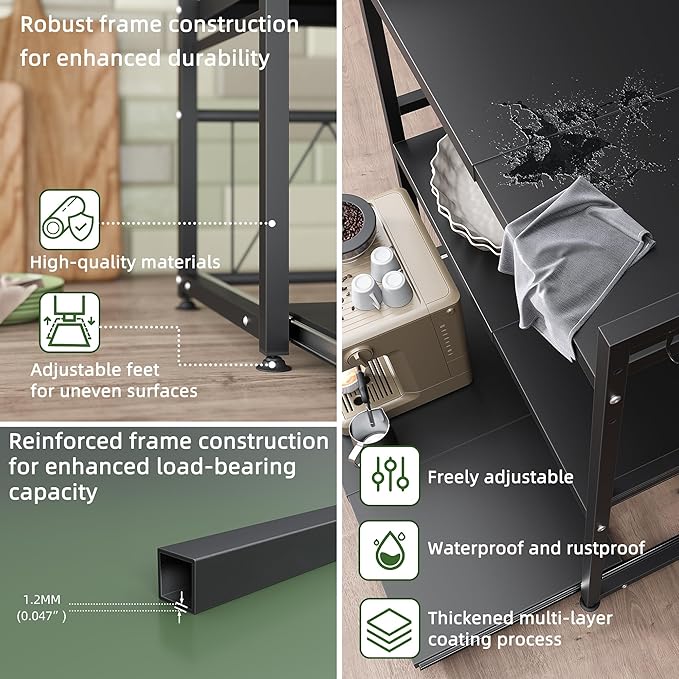 NETEL Expandable Microwave Stand,2 Tier Metal Kitchen Countertop Organizer Shelves with 8 Hooks,Bakers Rack,Pull-Out Microwave Shelf,55lbs Weight Capacity,Black
