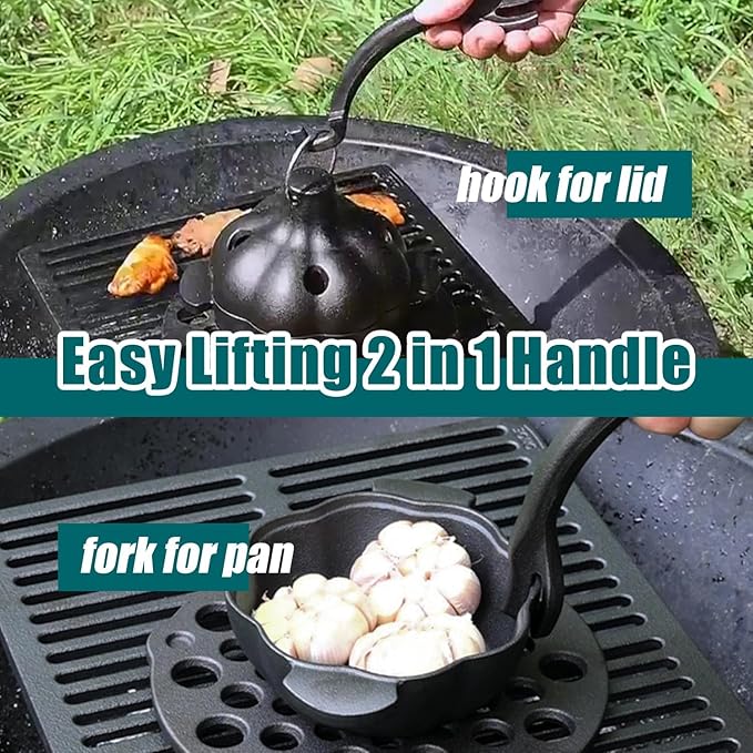 Cast Iron Garlic Roaster with Handle, Smoker Roaster, Garlic Cooker, Cast Iron Baker, Mini Roasting Pot, Potato Baker, Mini Cocotte, Used in the Kitchen Oven or Outdoors on a BBQ Grill Stove