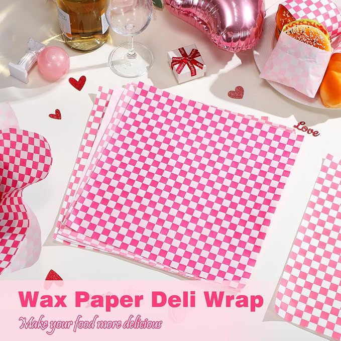 Spakon 1000 Sheets Wax Deli Paper Sheets for Food 12 x 12 Inch Checkered Dry Waxed Deli Basket Liners for Sandwich Wrapping, Food Basket Liners, Picnic party(Pink-white)