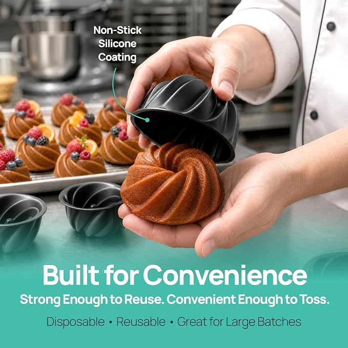 O'Creme Bakeable Plastic Mini Swirl Cake Pan, Baking Pan With Non-Stick Silicone, Reusable nonstick baking molds, Durable, Lightweight, Easy Storage for Baking and Much More - 25 QTY Pack