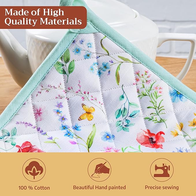 Maison d' Hermine Pot Holders 100% Cotton Heat Resistant Potholders 8" x 8" Hot Pads with Loop BBQ Cooking Baking Gifts for Mothers Day Handling Hot Pans Spring/Summer (Pack of 2, Just Floral)