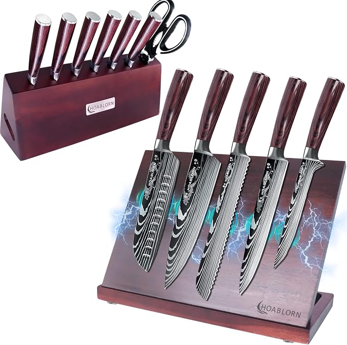 Kitchen Knives Set with Block HOABLORN Luxury 19pcs Magnetic Block Knife Sets :Acacia Knife Holder with Strong Magnet Heart,Damascus Kitchen Knives German Stainless Steel The One for Your Chefs