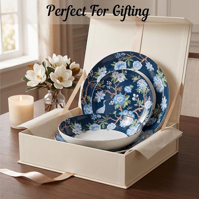 222 Fifth 12-Piece Porcelain Dinnerware Set for 4, Luxury White & Bohemian Blue Plates and Bowls Set, Glossy Ceramic Dish Set with Detailed Floral, Microwave & Dishwasher Safe Dishes, Nightingale