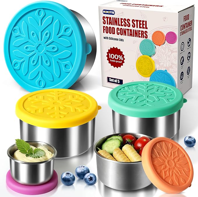 18/8 Stainless Steel Food Snack Storage Containers(5 Pack: 2/4/8/14/24oz) | Stackable, Leakproof Lunch Box with Silicone Lid, for Kids and Toddler Home School Use