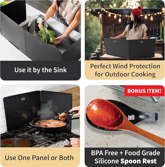 Extra-Large 2-Piece Splatter Guard (15.7” x 15.7”), Heavy-Duty, Commercial-Quality Stainless Steel Oil Splash Shield with Foldable 2-Panel Design & Silicone Spoon Rest by Baetle