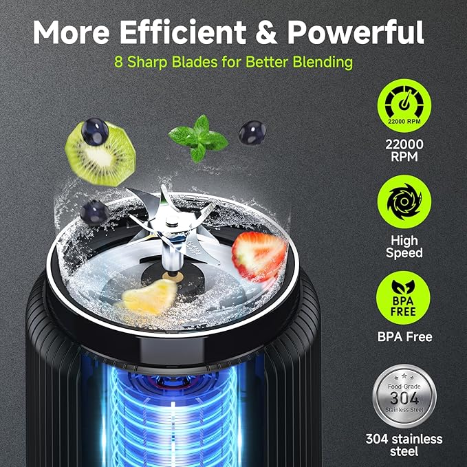 COKUNST Portable Blender, Small Smoothie & Shake Maker with 8 Blades, USB C Rechargeable Personal Blender with LED Display, Compact Juice Mixer with Lid for Travel, Office, Gym, Home, 17oz, Black