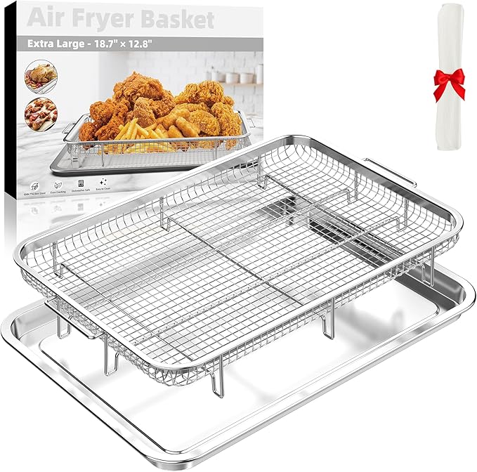 18.6“ x 12.8“ Air Fryer Basket for Oven,YEPATER Extra Large Size Stainless Steel Air Fryer Pan and Crisper Tray with 30 PCS Parchment Paper for Baking Grilling Cooking and Frying