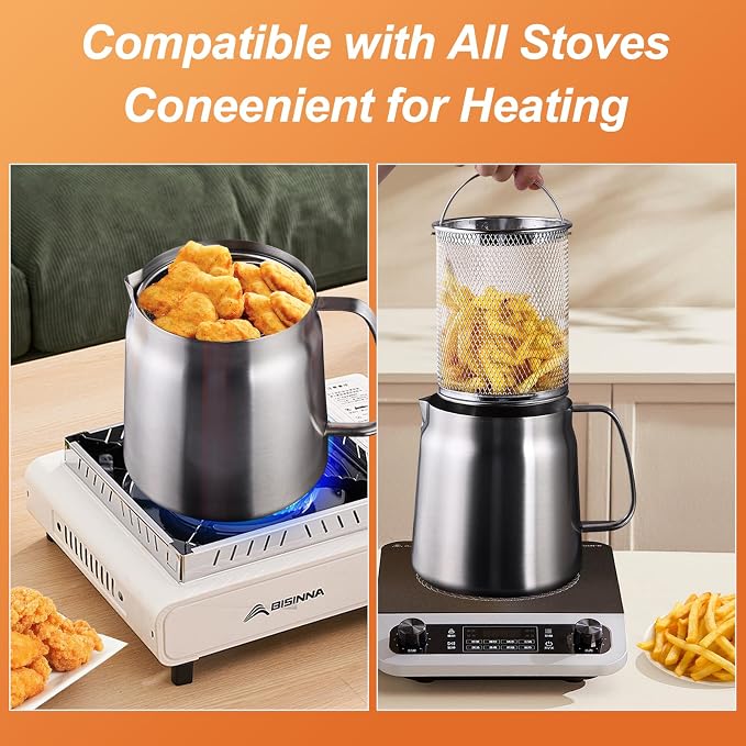 68oz Stainless Steel Oil Filter Pot, Multifunctional 2 in 1 Oil Strainer Pot for Camping, Large Capacity Bacon Grease Saver with Strainer, Kitchen Cooking Oil Container, Mini Deep Fryer with Basket