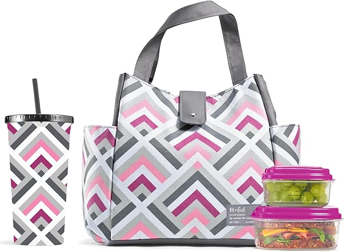 Fit & Fresh Lunch Bag For Women, Insulated Womens Lunch Bag For Work, Leakproof & Stain-Resistant Large Lunch Box For Women With Containers and Matching Tumbler, Snap Closure Westport Bag Magenta