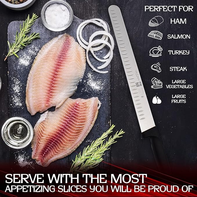 12-inch Blade Granton Edge, Turkey, Salmon, ham Slicer, Meat Slicing Knife. NSF Approved, Best Knife to Slice Large Roast and Whole Turkey.