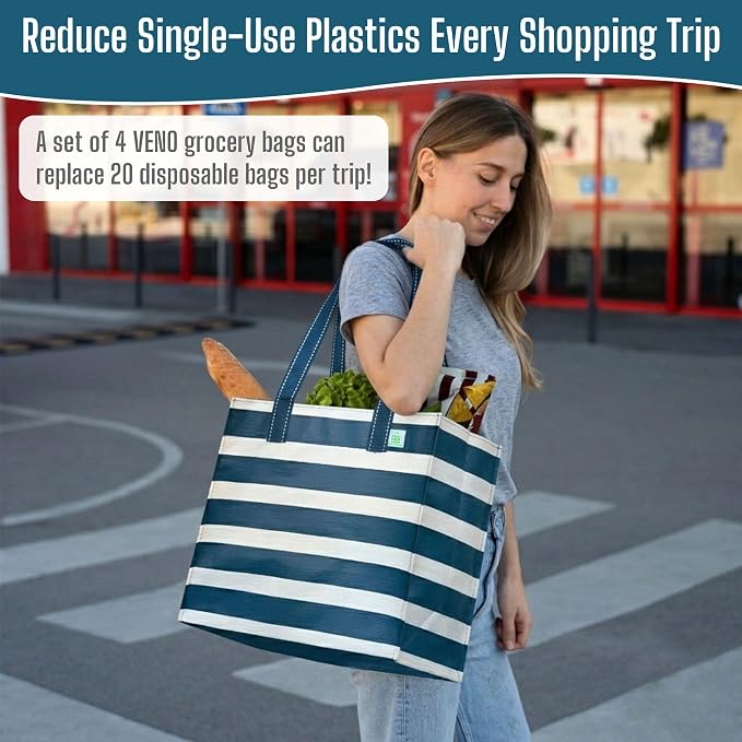 VENO 4 Pack Reusable Grocery Shopping Bags, Heavy-Duty Tote Bags with Handles, for Shopping Cart with Hard Bottom to Stand Upright, Foldable (Navy Stripe, 4 Pack)