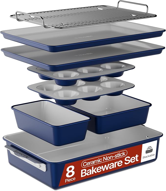 Bakken 8-Piece Stackable Bakeware Set - Ceramic Non-Stick Coating, Baking Sheets, Assorted Baking Pans, PTFE, PFOA & PFOS Free - Healthy Baking, Ergonomic Handles, Cooling Rack, Non-Toxic, Oven-Safe