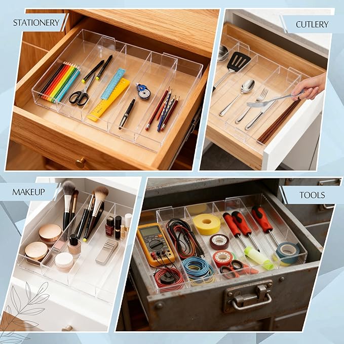 Expandable Kitchen Drawer Organizer 12 x 16 Inch Adjustable Silverware Knives Drawers Storage 3-5 Compartments Clear Acrylic Utensil Organizer for Kitchen