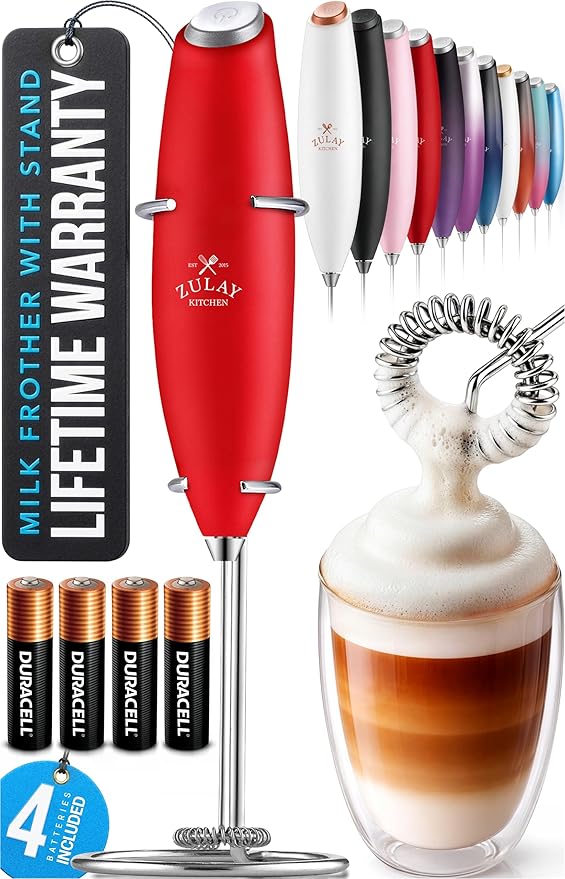 Zulay Kitchen Powerful Milk Frother Wand With 4 AA Duracell Batteries - Ultra Fast Handheld Drink Mixer - Electric Whisk Foam Maker for Coffee, Lattes, Cappuccino, Matcha & Creamer - Cardinal Red