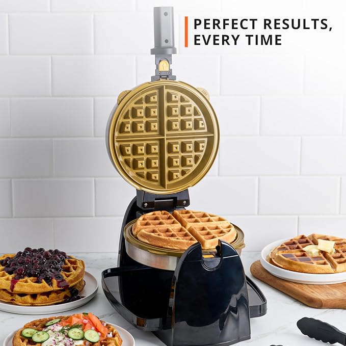 KRUPS Waffle Maker, Rotating Belgian Waffle Maker, 180° Flip Waffle Iron, Ceramic Non-Stick Plate, 3 Browning Control Levels, Foldable Cool Touch Handle, Removable Drip Tray, Stainless Steel