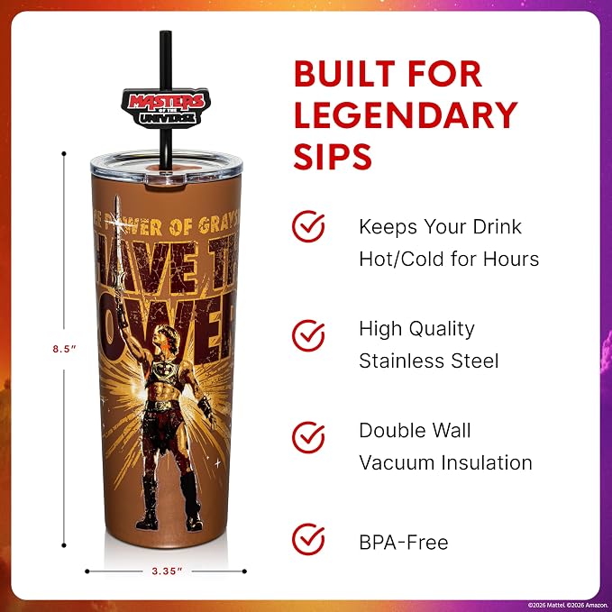 Dragon Glassware x Masters of the Universe (MOTU) Vacuum Insulated Stainless Steel Tumbler - 24 oz with Straw Charm - Official 2026 Movie Merch - I Have The Power