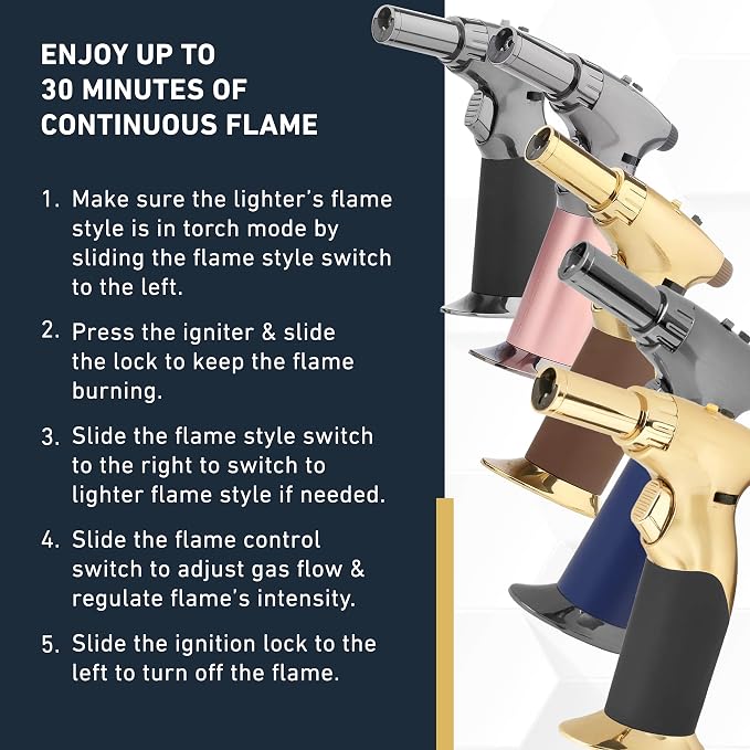 Dual Flame Butane Torch Gun - Refillable Luxury Hand Held Mini Blow Torch for Cooking, Creme Brulee, Soldering, Welding, & Resin Art - Adjustable Flame with Ignition Lock - Gold Black by inZaynity®