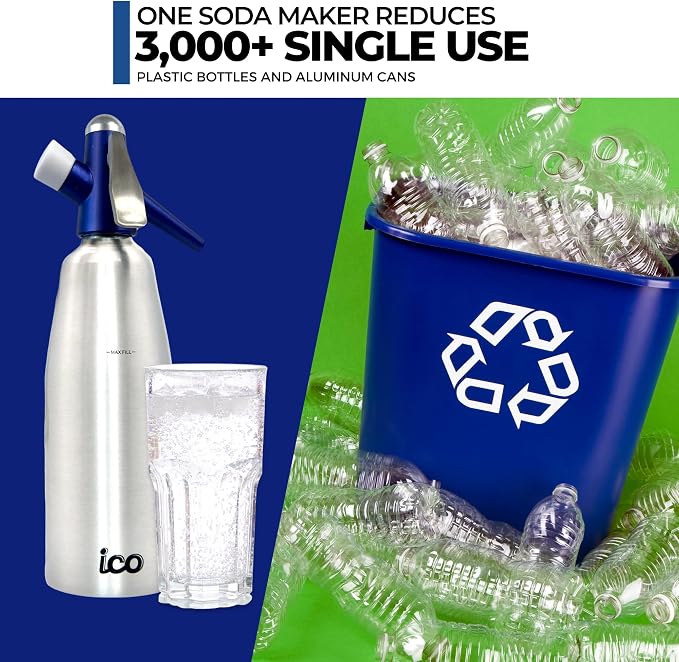 ICO Soda Siphon, Sparkling Water Maker, Soda Maker, Carbonated Water Machine for Fresh Soda Water, Cocktails, Hard Seltzers, Uses 8g C02 cartridges (Not Included), 1L/1 Pint