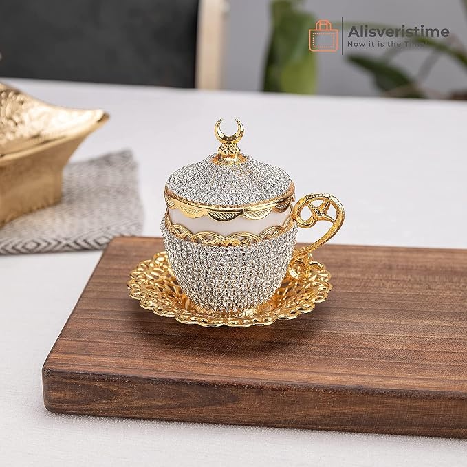Alisveristime Turkish Coffee Cup Set - Authentic Turkish Greek Arabic Coffee Espresso Cup with Saucer (Enhance Your Coffee Experience Now!) (1 Pc) (Crystal Gelincik Design) (Gold)