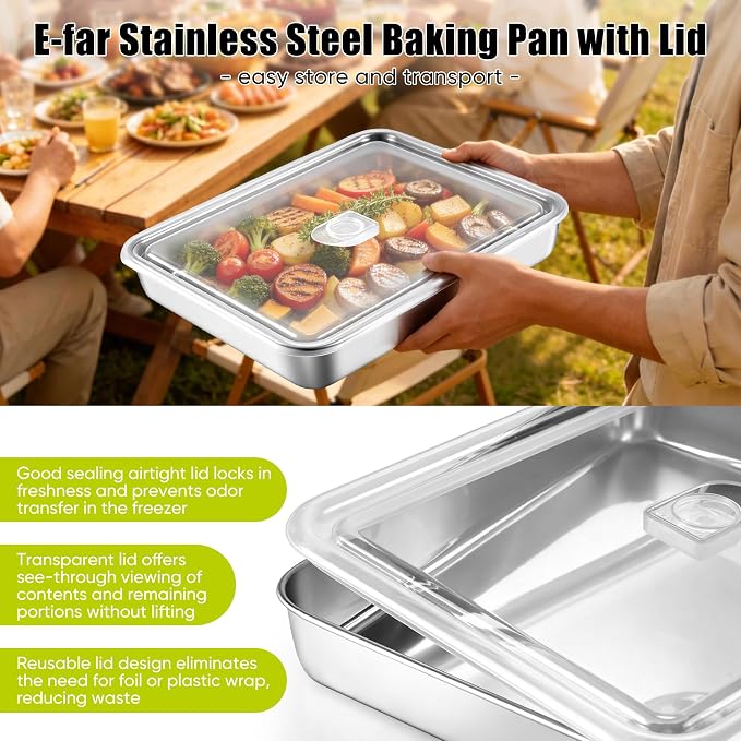 E-far Lasagna Pan with Lid, Stainless Steel Rectangular Cake Baking Pan with Cover, 12⅓x9¾x2 Inch Metal Bakeware Brownie Casserole Oven Tray Sheet, Deep Side & Heavy Duty, Anti-Rust & Dishwasher Safe