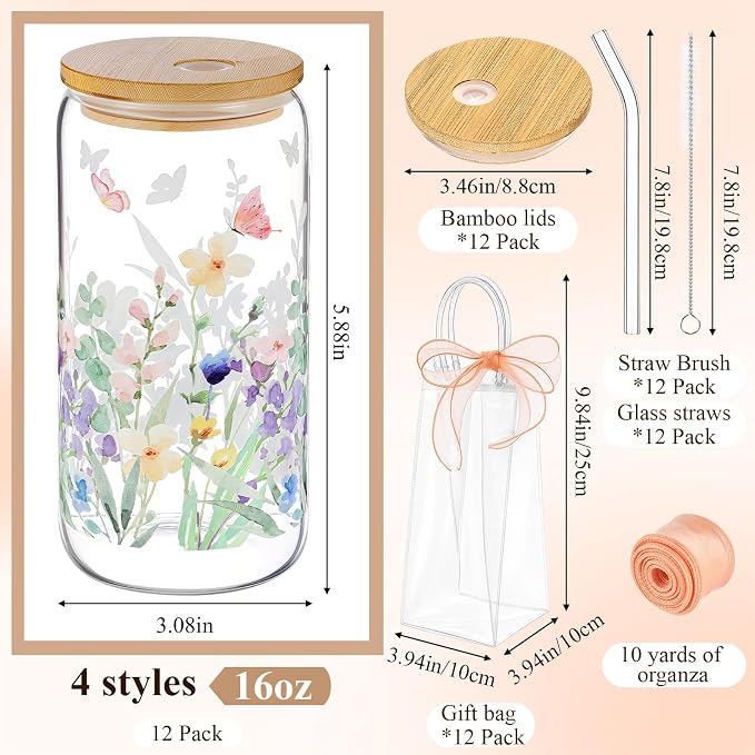 Mumufy 12 Sets Wildflower Glass Cups with Clear Gift Bag 16 oz Reusable Pink Iced Coffee Mugs Aesthetic Cute Tumbler with Lids and Straws, Gifts for Girls Women Bridesmaid