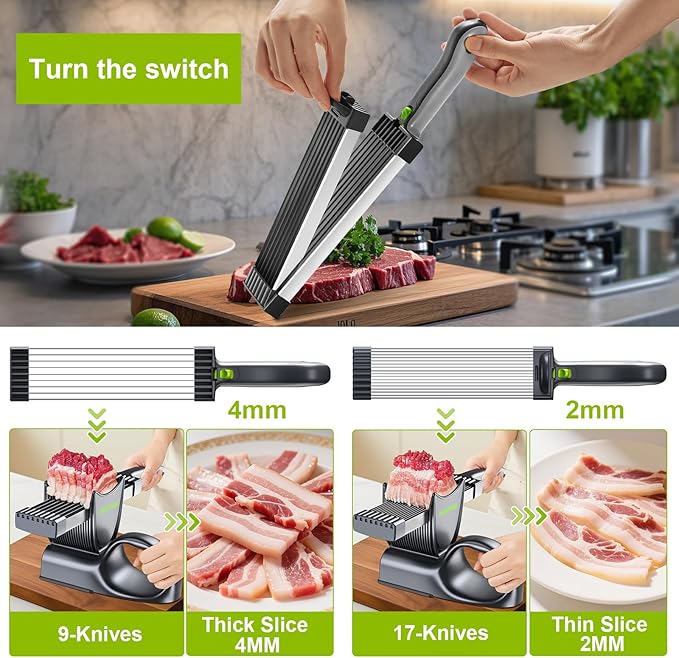 Fresh meat slicer, adjustable thickness, 2 or 4 mm, 17-in-1 stainless steel manual meat slicer, Cleaver Knife,Meat Cleavers can be Sliced, Striped, Diced, for salmon chicken breast beef pork