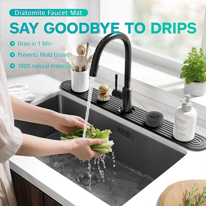 Stone Faucet Mat for Kitchen Sink – Diatomite Fast-Drying Stone Tray, Faucet Mat Sink Splash Guard, Decorative Sink Protector for Kitchen Bathroom Counter (Dark Grey, 30''x3.9'')