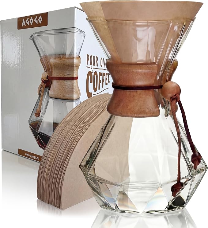 AGOGO Pour Over Coffee Maker Glass with 50pcs Paper Filters -for Home, Office, Camping, Cafes - Easy Clean Coffee Dripper Set (Soft Towel&Brush)(28oz Diamond Design w/Paper Filters)