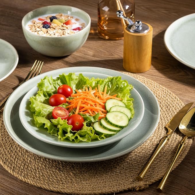 GBHOME 24 Pieces Double Bowls Dinnerware Sets for 6, Stoneware Plates and Bowls Set with Reactive Glaze, Scratch Resistant Stoneware Dishes Set, Dishwasher & Microwave Safe-Light Green