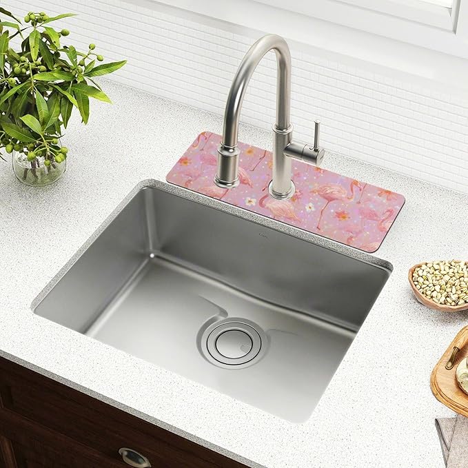 Kitchen Sink Splash Guard 1 PC 14.7 Inch Sink Faucet Mat Splash Guard for Bathroom Countertop Water Absorbent Foldable Cuttable Soft Washable Pink Gradient Flamingo and Petals