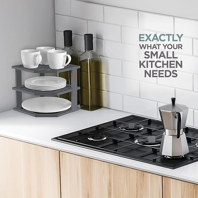 Bambüsi Plate Organizer for Cabinet - Corner Cabinet Organizer and Kitchen Cabinet Organizer Shelf, Kitchen Countertop Organizer for Plates, Dishes and Bowls, Space Saving Corner Rack, Grey