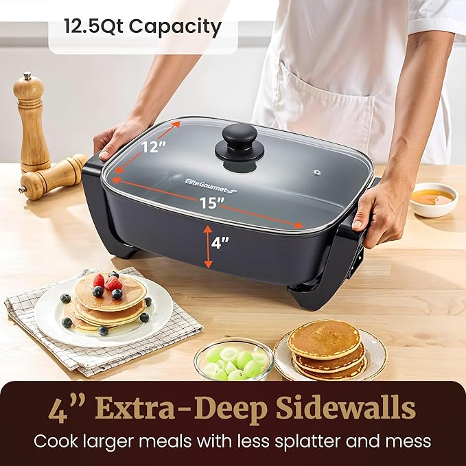Elite Gourmet 15" x 12" x 4" Electric Skillet, Xtra Deep Dish, Ceralast™ PFAS Free Ceramic, 1500W Rapid Heat, Tempered Glass Vented Lid, Dishwasher Safe, 12.5 Qt., Black/Gray