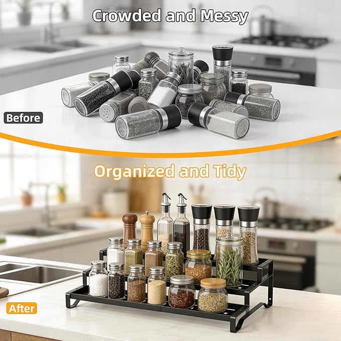 3-Tier Spice Rack Organizer 2 Pack, 13"-21.5" Expandable Spice Organization Shelf, Metal Seasoning Organizer for Kitchen Countertop or Pantry, Slip-Resistant Design for Jars and Bottles, Black