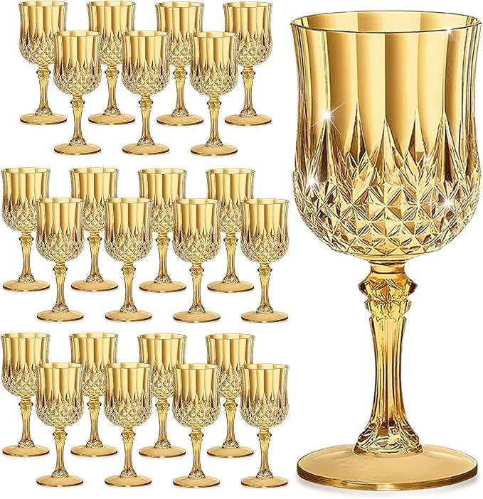 7OZ Plastic Wine Glasses, Reusable Vintage Goblets Unbreakable Drinking Glasses Crystal Water Cups Champagne for Wedding, Parties (24, Gold)