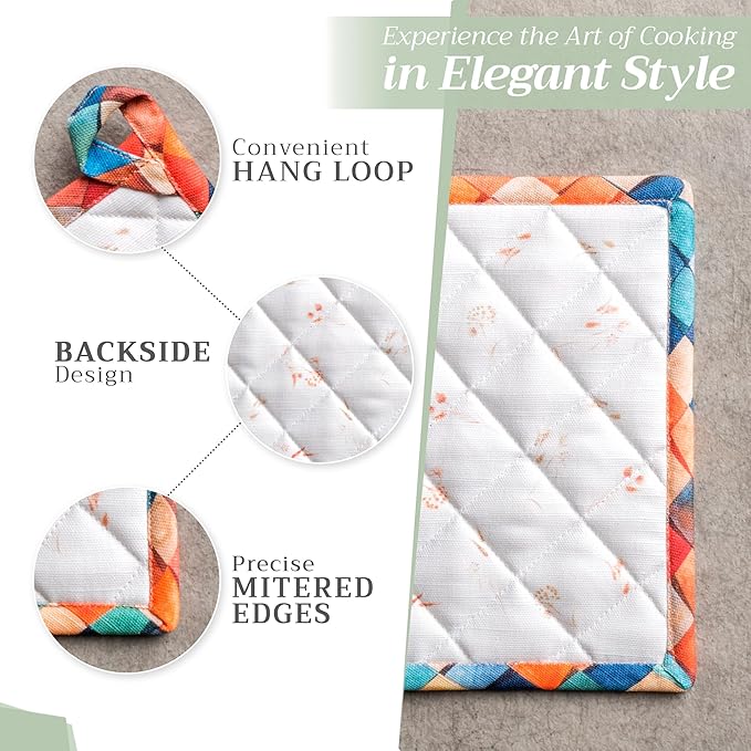 Maison d' Hermine Pot Holders Set 100% Cotton Heat Resistant Potholders 8" x 8" Hot Pads with Loop for Thanksgiving Christmas Decorations BBQ Baking Handling Hot Pans (Pack of 2, Faisan D'Automne)