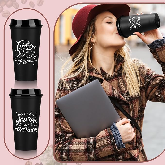 Pickmesh 15 Pcs Employee Appreciation Gifts Bulk 16 oz Plastic Tumblers with Lids Graduation Teacher Appreciation Gifts Reusable Coffee Cups for Staff Volunteer Coworker Team (Black)