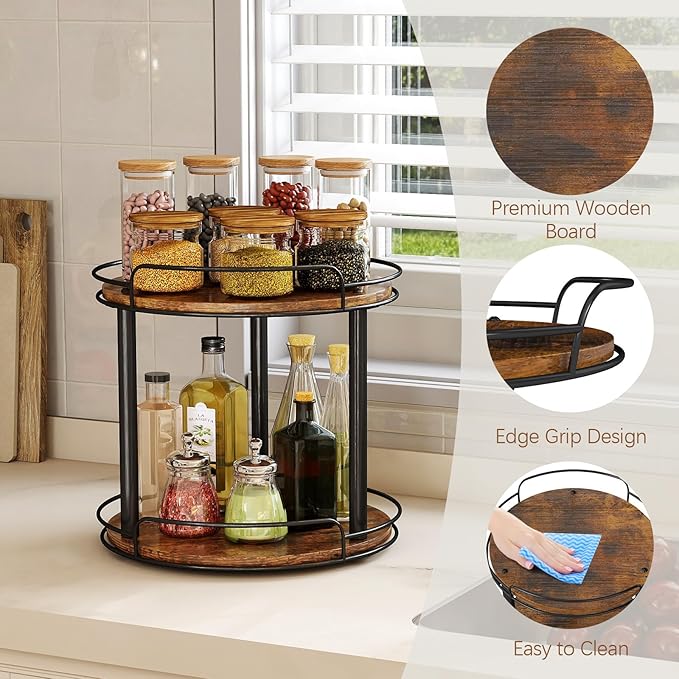 LAMU 2 Tier 9'' Lazy Susan and 10.2'' Wood Lazy Susan Turntable Organizer for Cabinet