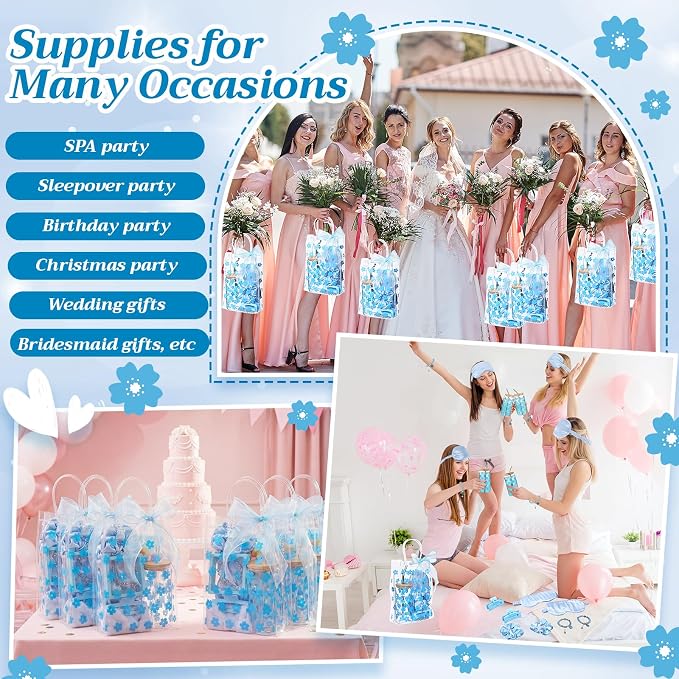 Vesici 73 Pcs Spa Sleepover Party Supplies Bulk Women 8 Sets Slumber Birthday Bridesmaid Gift Crochet Flower Glass Cup Eye Mask Hair Ties Gift Bag Bracelets Scrunchies Headband(Cherry Blossoms,Blue)