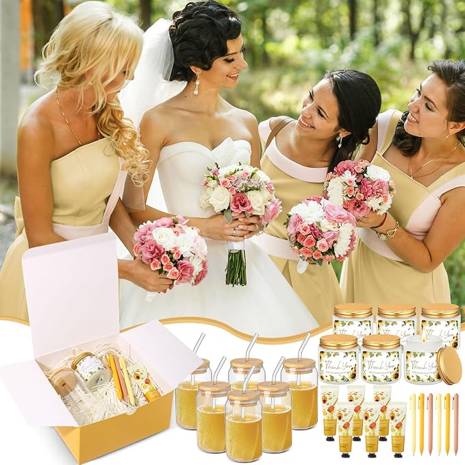 Reallnaive 6 Sets Baby Shower Prizes for Game Winners, Baby Shower Favors Including Glass Cup Scented Candles Hand Cream Pens Gift Box with Raffia for Gender Reveal Wedding Bridal Party Prizes(Yellow)