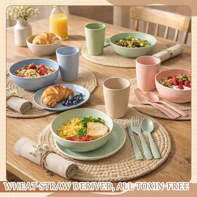Zhehao 72 Pcs Wheat Straw Dinnerware Sets for 12 Dishwasher Microwave Safe Unbreakable Reusable Kitchen Cups, Plates, Bowls Cultery Sets for Patio, Outdoors, Rv, Camping Dishes(Macaron)